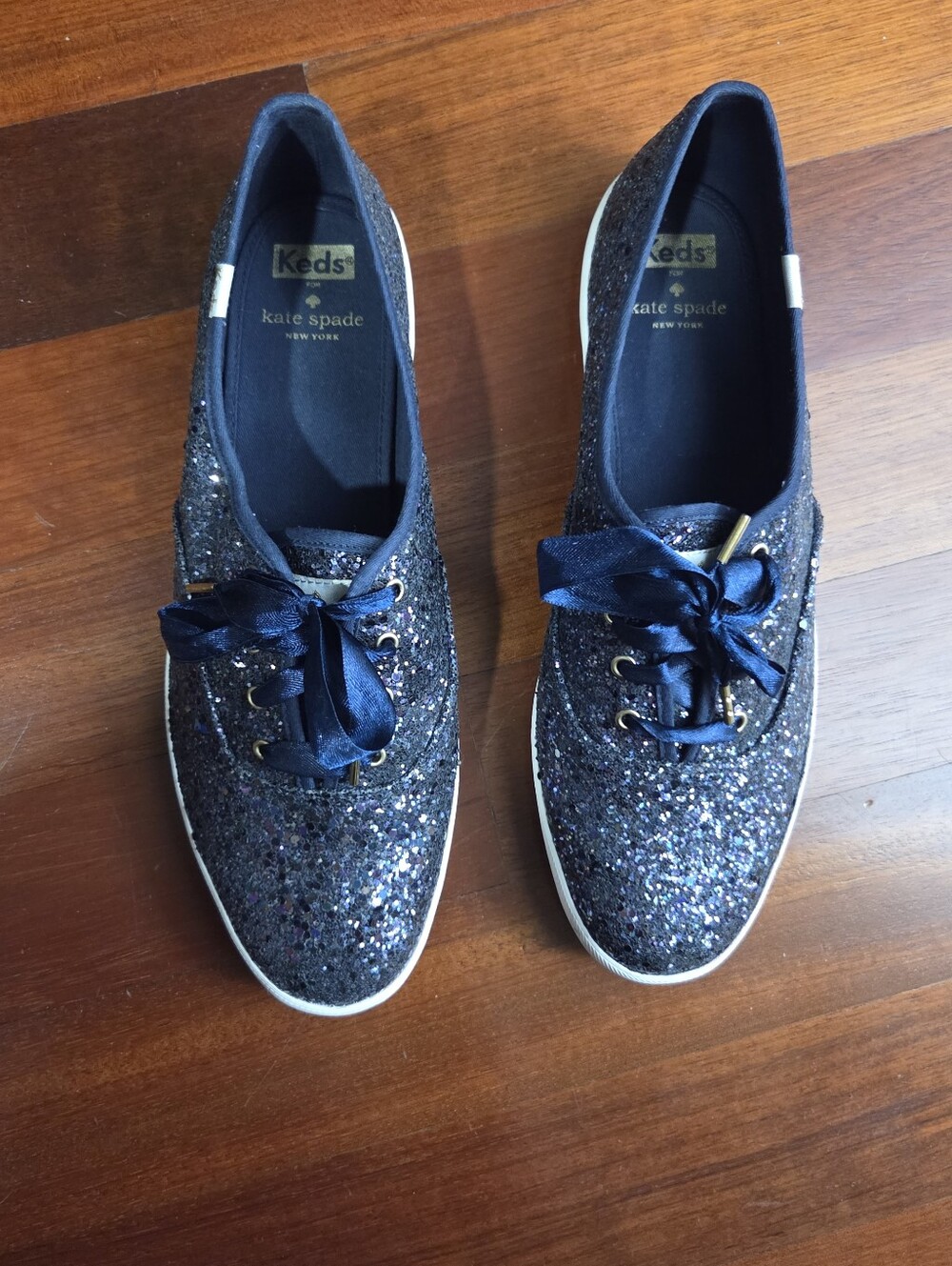 Keds x Kate Spade navy glitter lace-up sneakers with satin laces, Women's 11